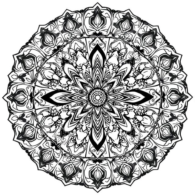 A detailed and intricate mandala art design featuring cartoon elements in black and white