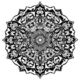 A detailed and intricate mandala art design featuring cartoon elements in black and white