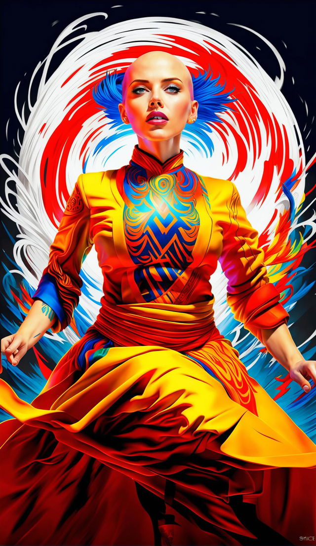 This is a hyper-realistic digital art image featuring a bald Scarlett Johansson with a blue arrow tattoo on her head, in vibrant monk robes