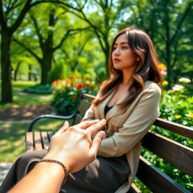 A tranquil scene of a lady enjoying a quiet moment in the park