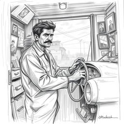 A poignant pencil sketch of a car mechanic named Mukesh, depicted with a determined expression as he works on a vintage car in a small, cluttered garage