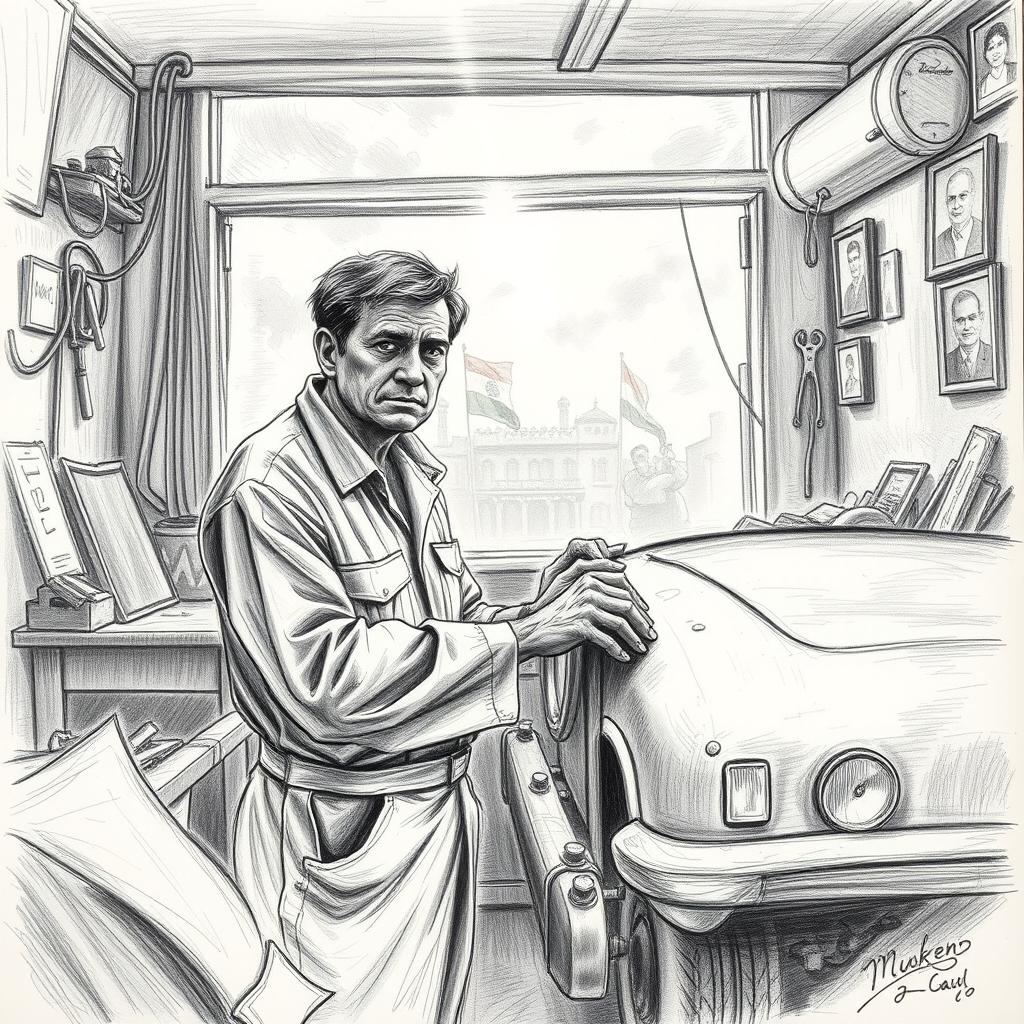 A poignant pencil sketch of a car mechanic named Mukesh, depicted with a determined expression as he works on a vintage car in a small, cluttered garage