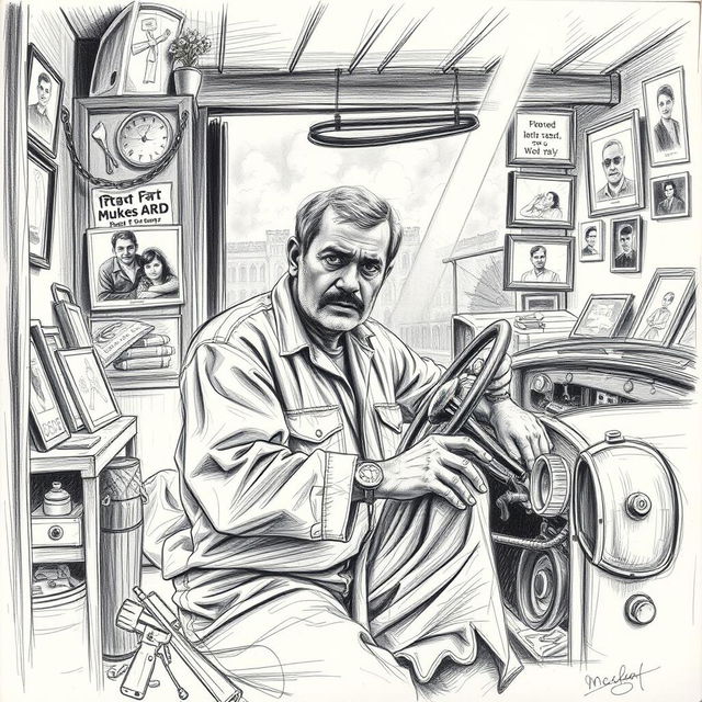 A poignant pencil sketch of a car mechanic named Mukesh, depicted with a determined expression as he works on a vintage car in a small, cluttered garage