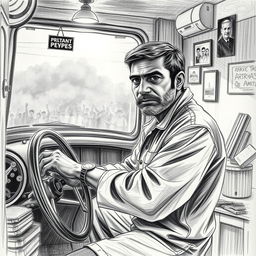 A poignant pencil sketch of a car mechanic named Mukesh, depicted with a determined expression as he works on a vintage car in a small, cluttered garage