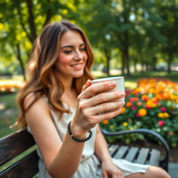 A charming scene of a lady enjoying a relaxing moment in the park, holding a warm cup of coffee