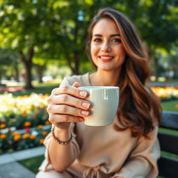 A charming scene of a lady enjoying a relaxing moment in the park, holding a warm cup of coffee