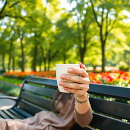 A charming scene of a lady enjoying a relaxing moment in the park, holding a warm cup of coffee