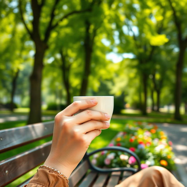 A charming scene of a lady enjoying a relaxing moment in the park, holding a warm cup of coffee