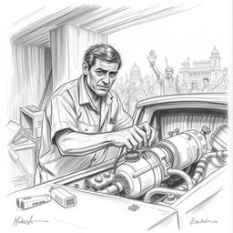 A detailed pencil sketch of an impoverished car mechanic named Mukesh, who is dedicated to feeding his family despite the backdrop of political instability