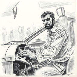 A detailed pencil sketch of an impoverished car mechanic named Mukesh, who is dedicated to feeding his family despite the backdrop of political instability