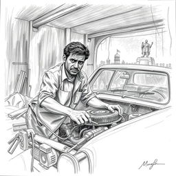 A detailed pencil sketch of an impoverished car mechanic named Mukesh, who is dedicated to feeding his family despite the backdrop of political instability