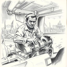 A detailed pencil sketch of an impoverished car mechanic named Mukesh, who is dedicated to feeding his family despite the backdrop of political instability