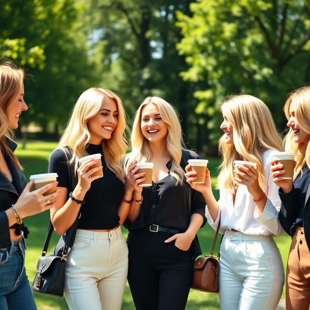 A vibrant scene featuring a group of blonde models enjoying a sunny day in the park, each holding a cup of coffee