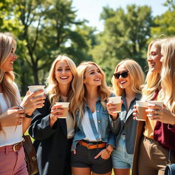 A vibrant scene featuring a group of blonde models enjoying a sunny day in the park, each holding a cup of coffee