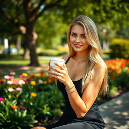 A captivating scene of a blonde model sitting in a picturesque park, holding a cup of coffee