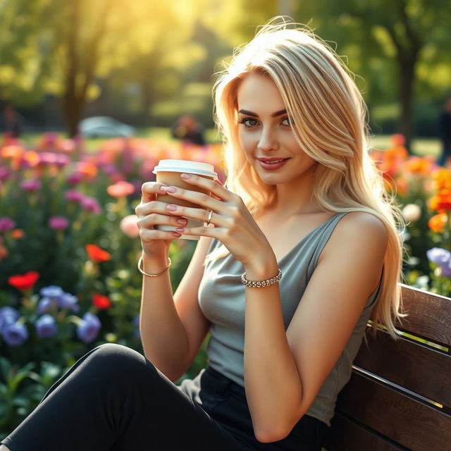 A captivating scene of a blonde model sitting in a picturesque park, holding a cup of coffee