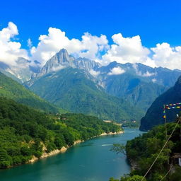 A breathtaking view of the majestic mountains surrounding Rishikesh, India, showcasing lush greenery, rocky peaks, and serene river views
