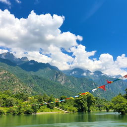 A breathtaking view of the majestic mountains surrounding Rishikesh, India, showcasing lush greenery, rocky peaks, and serene river views