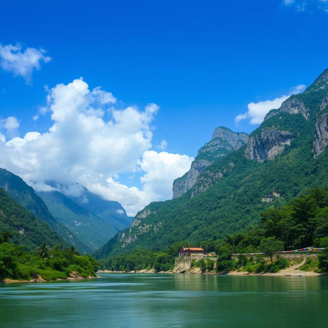 A breathtaking view of the majestic mountains surrounding Rishikesh, India, showcasing lush greenery, rocky peaks, and serene river views