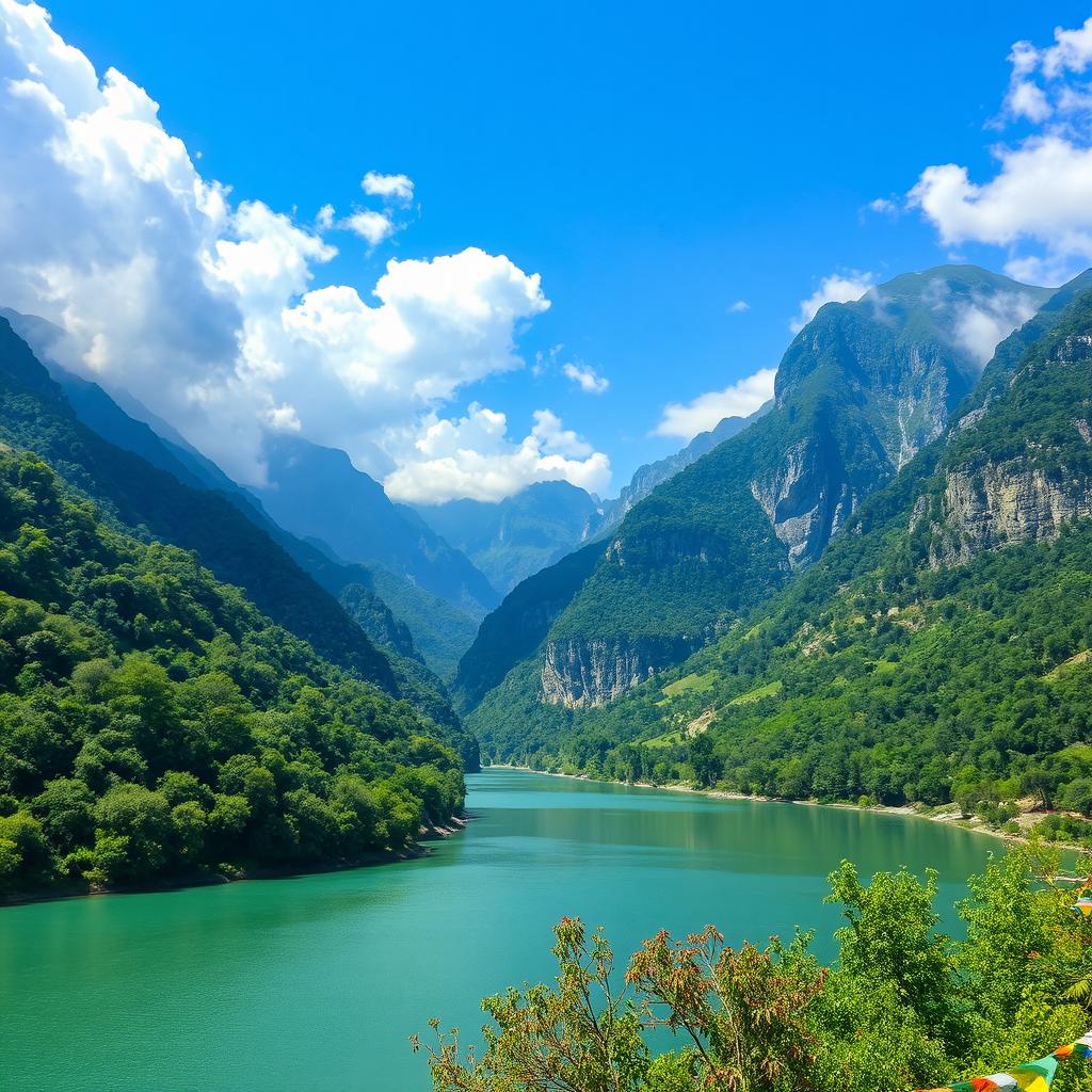 A breathtaking view of the majestic mountains surrounding Rishikesh, India, showcasing lush greenery, rocky peaks, and serene river views