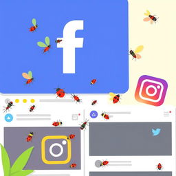 An artistic depiction of various social media pages, such as Facebook, Instagram, and Twitter, filled with cartoonish bugs (such as ants, ladybugs, and butterflies) interacting with the interface