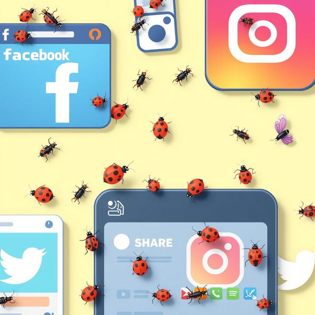 An artistic depiction of various social media pages, such as Facebook, Instagram, and Twitter, filled with cartoonish bugs (such as ants, ladybugs, and butterflies) interacting with the interface