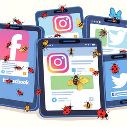 An artistic depiction of various social media pages, such as Facebook, Instagram, and Twitter, filled with cartoonish bugs (such as ants, ladybugs, and butterflies) interacting with the interface