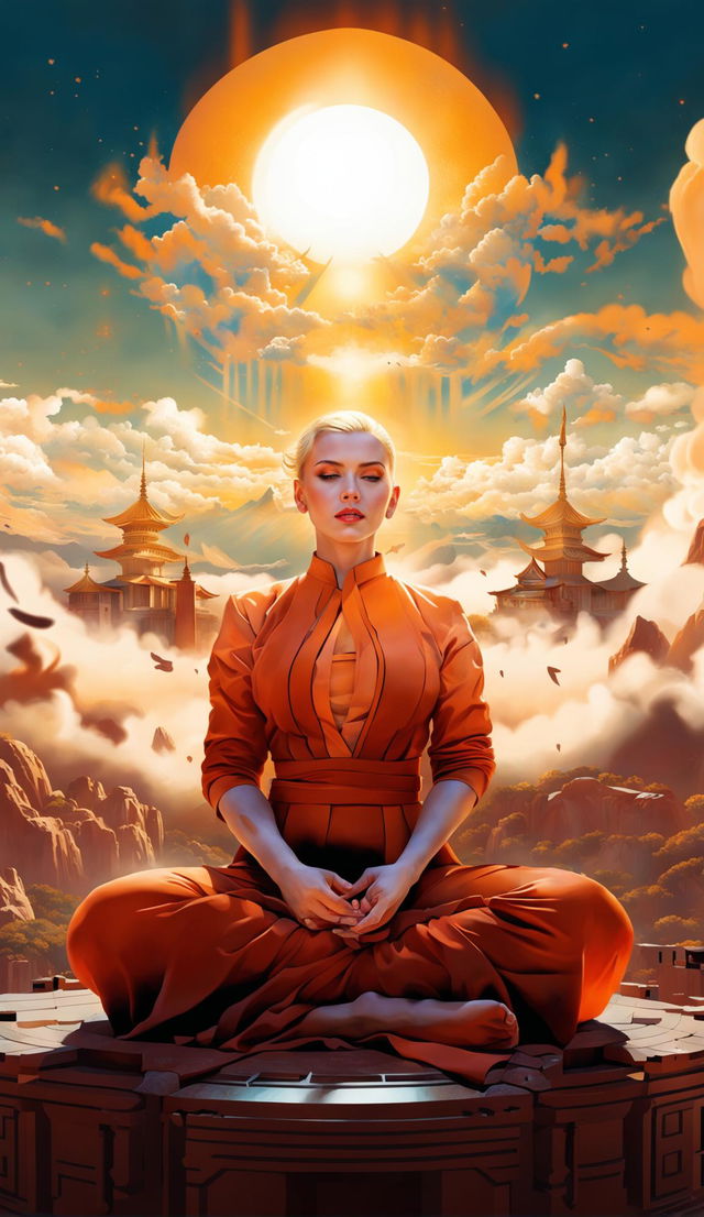 A digital artwork featuring a bald Scarlett Johansson in orange and red monk robes, floating in meditation above a grand temple nestled within the clouds, bathed in the soft glow of a setting sun