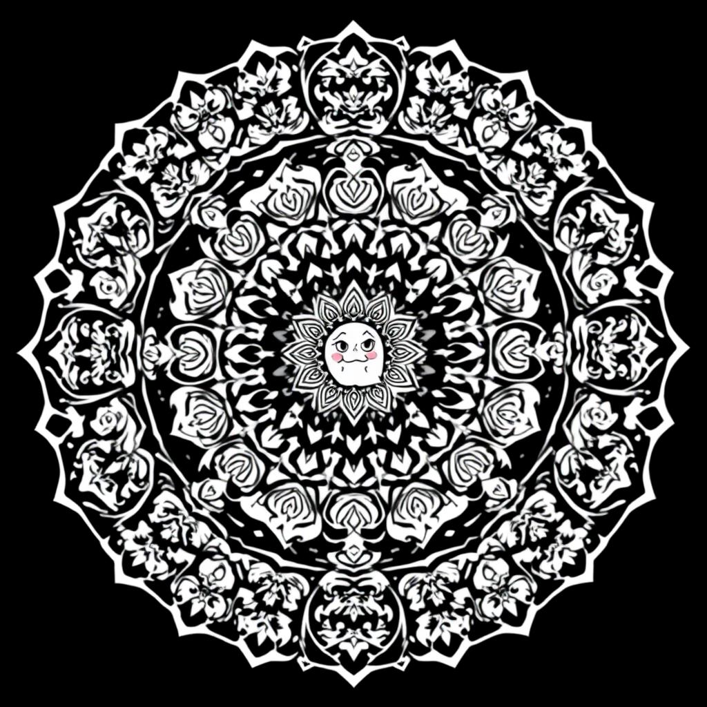 A stunning mandala artwork featuring intricate black and white patterns, incorporating elements inspired by Chhota Bheem, Pokémon, and Motu Patlu characters