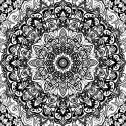 A stunning mandala artwork featuring intricate black and white patterns, incorporating elements inspired by Chhota Bheem, Pokémon, and Motu Patlu characters