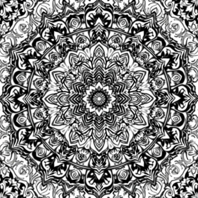 A stunning mandala artwork featuring intricate black and white patterns, incorporating elements inspired by Chhota Bheem, Pokémon, and Motu Patlu characters