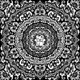 A stunning mandala artwork featuring intricate black and white patterns, incorporating elements inspired by Chhota Bheem, Pokémon, and Motu Patlu characters