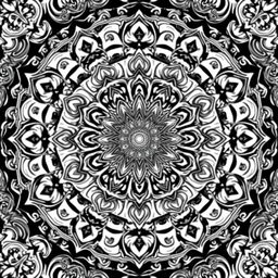 A stunning mandala artwork featuring intricate black and white patterns, incorporating elements inspired by Chhota Bheem, Pokémon, and Motu Patlu characters