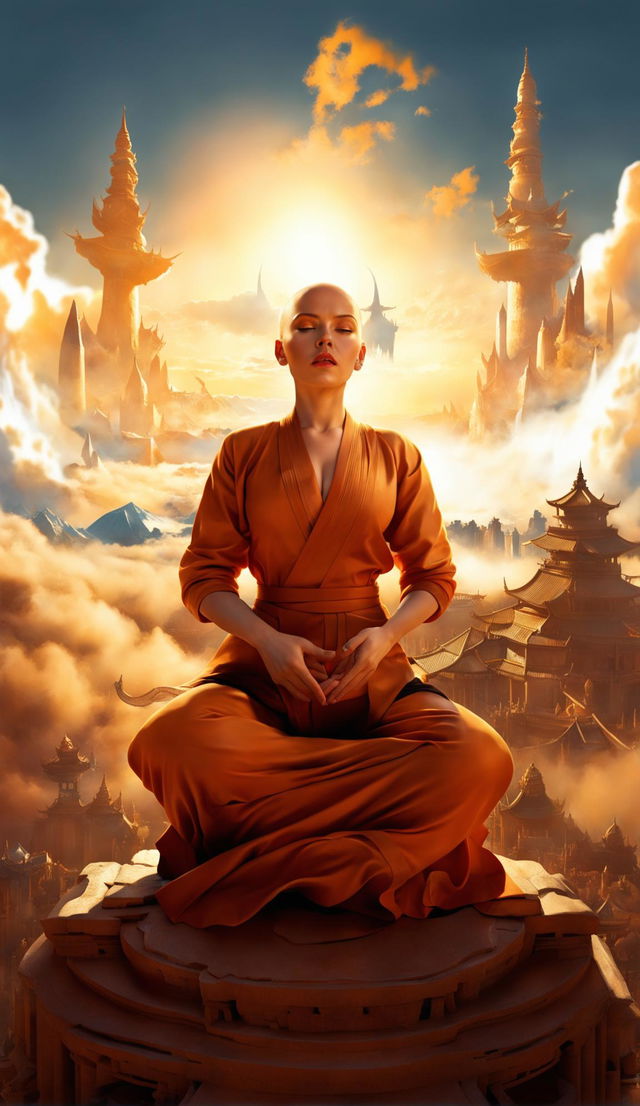 A high-resolution digital artwork featuring a bald Scarlett Johansson in orange and red monk robes, levitating and airbending above a grand temple nestled in the clouds, bathed in the warm glow of a setting sun