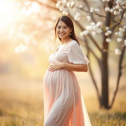 A serene portrait of a pregnant woman in a peaceful setting, showcasing her radiant glow and embracing her journey to motherhood