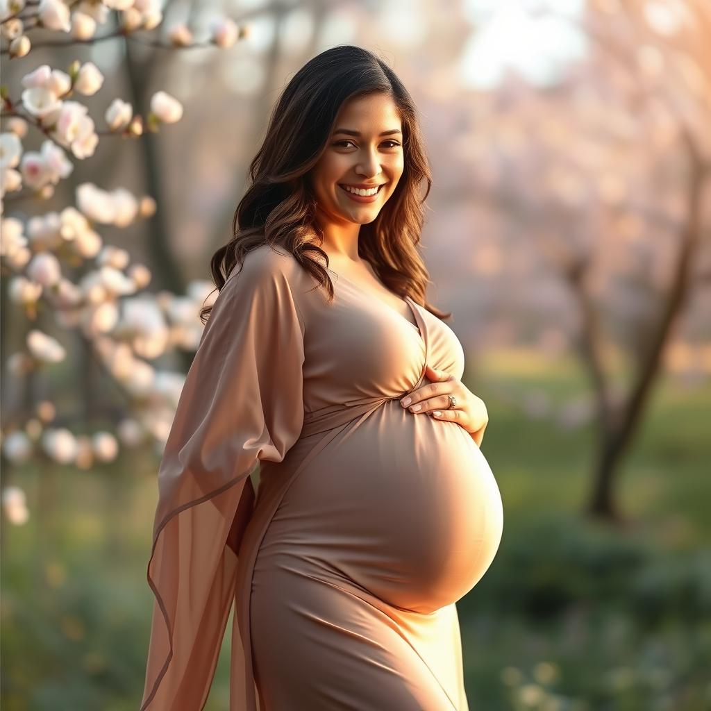 A serene portrait of a pregnant woman in a peaceful setting, showcasing her radiant glow and embracing her journey to motherhood