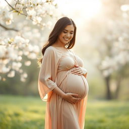 A serene portrait of a pregnant woman in a peaceful setting, showcasing her radiant glow and embracing her journey to motherhood