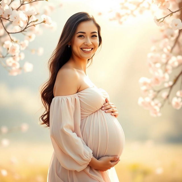 A serene portrait of a pregnant woman in a peaceful setting, showcasing her radiant glow and embracing her journey to motherhood