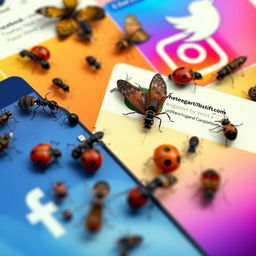 A hyper-realistic depiction of various social media pages, such as Facebook, Instagram, and Twitter, vividly filled with detailed, lifelike bugs like ants, ladybugs, and butterflies