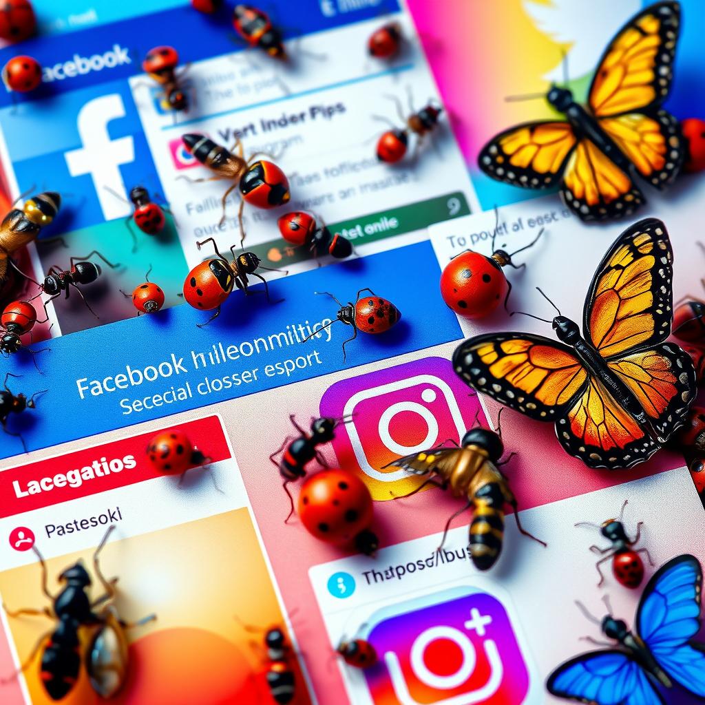 A hyper-realistic depiction of various social media pages, such as Facebook, Instagram, and Twitter, vividly filled with detailed, lifelike bugs like ants, ladybugs, and butterflies