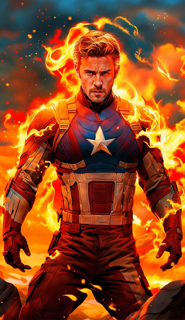 A high-quality digital artwork featuring Chris Evans in earth-toned attire, demonstrating the power of firebending against a twilight sky and rocky terrain