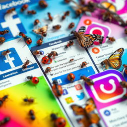 A hyper-realistic depiction of various social media pages, such as Facebook, Instagram, and Twitter, vividly filled with detailed, lifelike bugs like ants, ladybugs, and butterflies