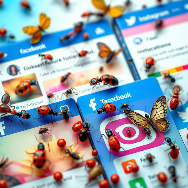 A hyper-realistic depiction of various social media pages, such as Facebook, Instagram, and Twitter, vividly filled with detailed, lifelike bugs like ants, ladybugs, and butterflies