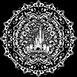 A detailed and intricate mandala art design featuring iconic elements from Disneyland, such as Cinderella's Castle, Mickey Mouse ears, and the Disneyland logo, all woven into a symmetrical black and white pattern