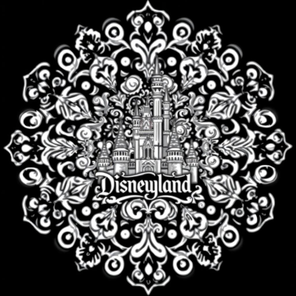 A detailed and intricate mandala art design featuring iconic elements from Disneyland, such as Cinderella's Castle, Mickey Mouse ears, and the Disneyland logo, all woven into a symmetrical black and white pattern
