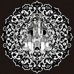 A detailed and intricate mandala art design featuring iconic elements from Disneyland, such as Cinderella's Castle, Mickey Mouse ears, and the Disneyland logo, all woven into a symmetrical black and white pattern