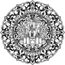 A detailed and intricate mandala art design featuring iconic elements from Disneyland, such as Cinderella's Castle, Mickey Mouse ears, and the Disneyland logo, all woven into a symmetrical black and white pattern