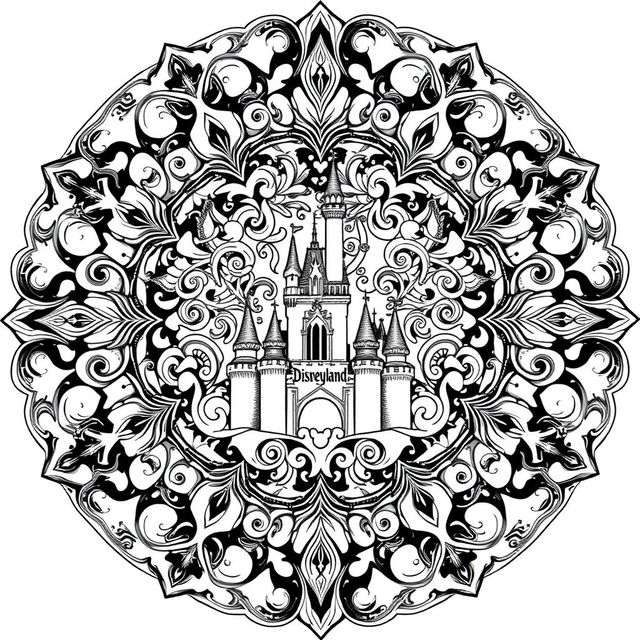 A detailed and intricate mandala art design featuring iconic elements from Disneyland, such as Cinderella's Castle, Mickey Mouse ears, and the Disneyland logo, all woven into a symmetrical black and white pattern