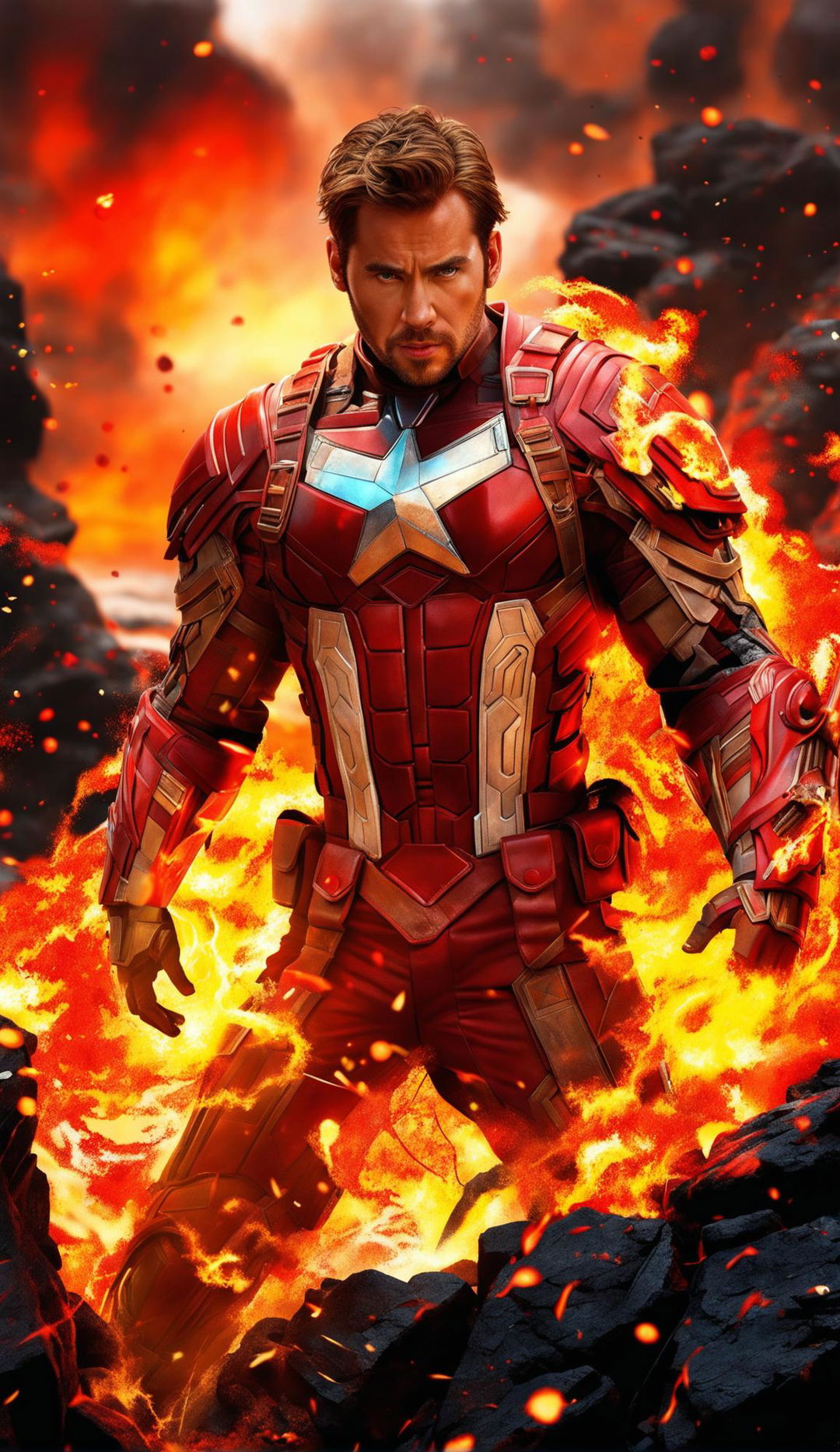 A high-resolution digital artwork featuring Chris Evans in red Chinese armor, throwing fire from his hands, surrounded by a sea of molten lava and erupting volcanoes