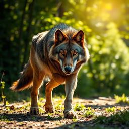 A stunning, raw photograph of a majestic wolf in a natural forest setting